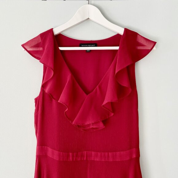 💃 BANANA REPUBLIC Red Ruffle Maxi Dress - Size 0 - Picture 2 of 6